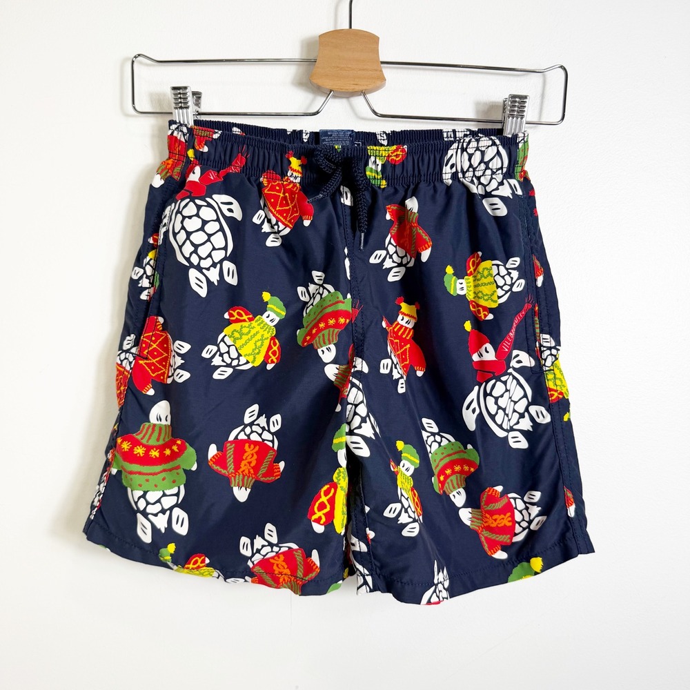 Vilebrequin Swim Trunks Boys 14โ Navy Blue Turtle Holiday Sweater Print